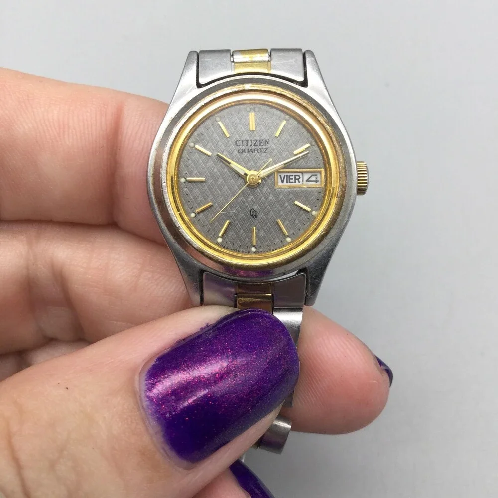 Vintage Citizen Womens Watch 24mm Gray Dial Two Tone Day Date New Battery 7.5
